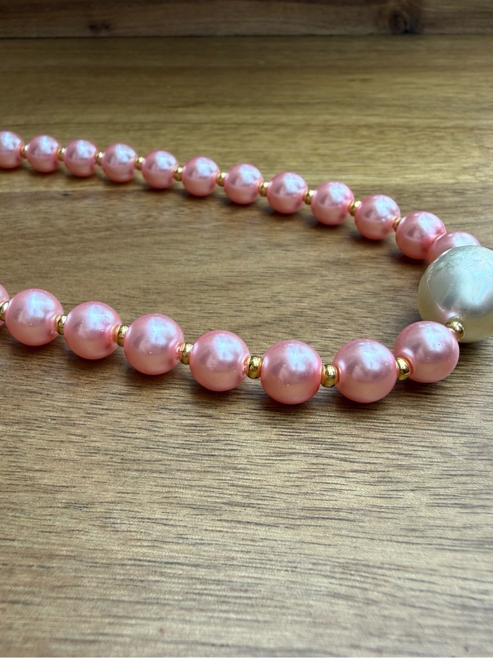 Pink Faux Pearl & Gold Beaded Necklace – 18” with Large Baroque Faux Pearl - Picture 3 of 6
